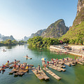 Tourist bamboo rafts in Yangshuo Guilin